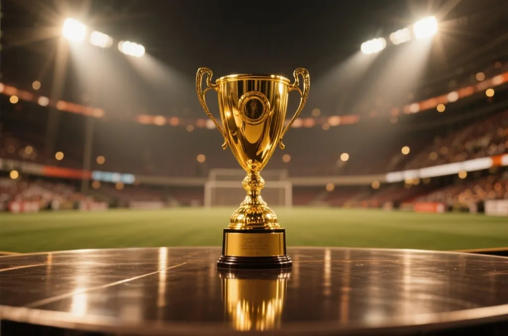 A golden trophy on a polished stage with soft stadium lighting in the background, professional sports photography style