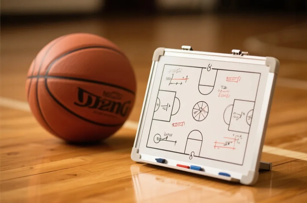 Close-up of a tactical basketball coach board with diagrams and a basketball on a polished wooden floor, shallow depth of field, warm light