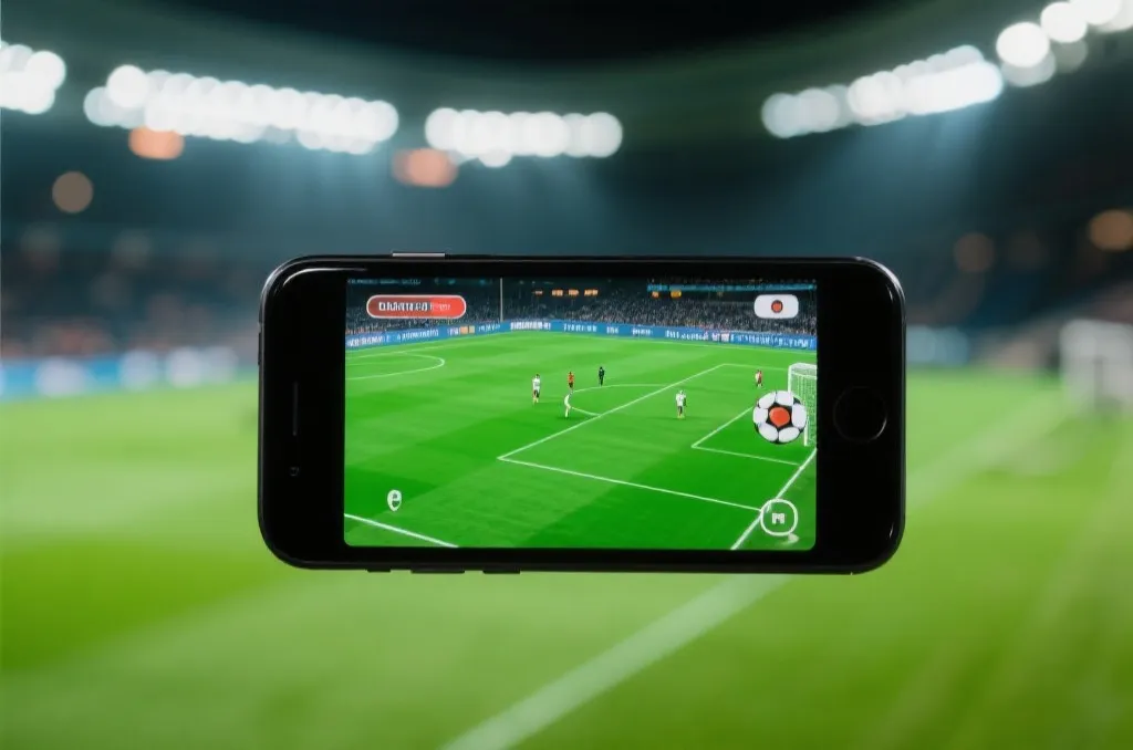 A close-up of a smartphone displaying a live football match, bright green pitch, stadium lights in the background, clean and professional look