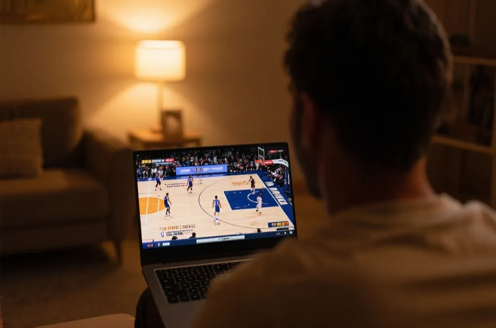 An over-the-shoulder shot of a person watching a basketball game on a laptop, showing detailed player movements on screen, cozy room ambient lighting