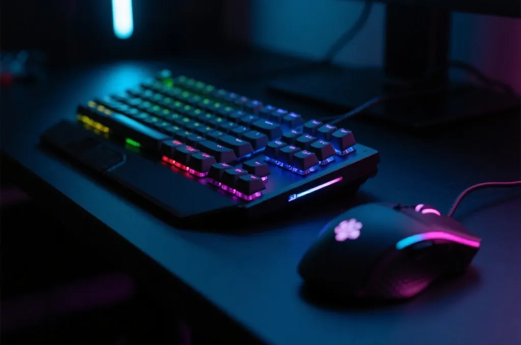 Professional gaming keyboard and mouse setup with colorful lighting